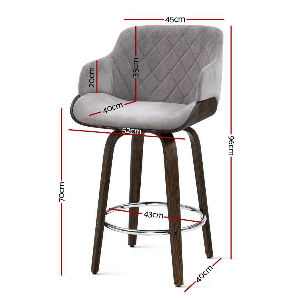 Artiss Velvet Bar Stool Swivel - Grey and Wood - Newstart Furniture