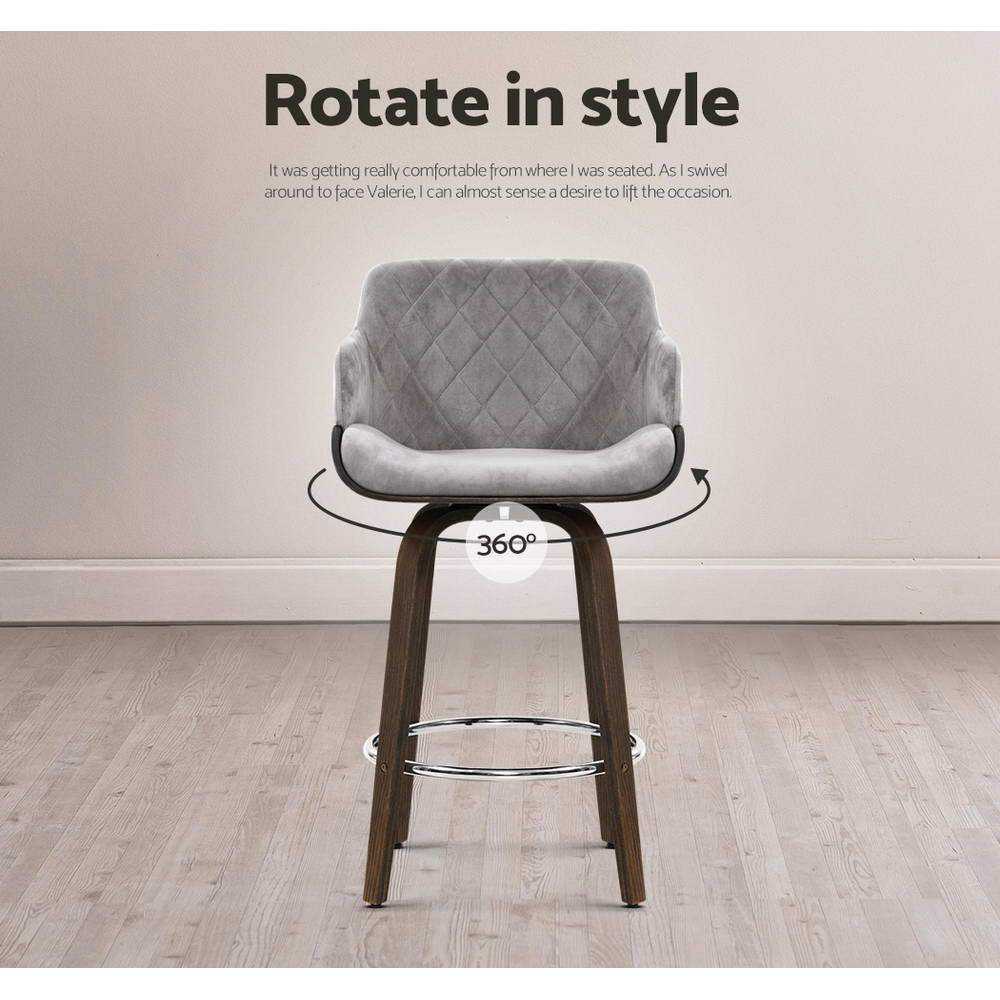 Artiss Velvet Bar Stool Swivel - Grey and Wood - Newstart Furniture