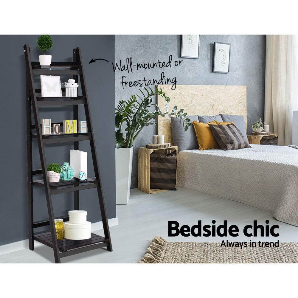 Artiss Display Shelf 5 Tier Wooden Ladder Stand Storage Book Shelves Rack Coffee - Newstart Furniture