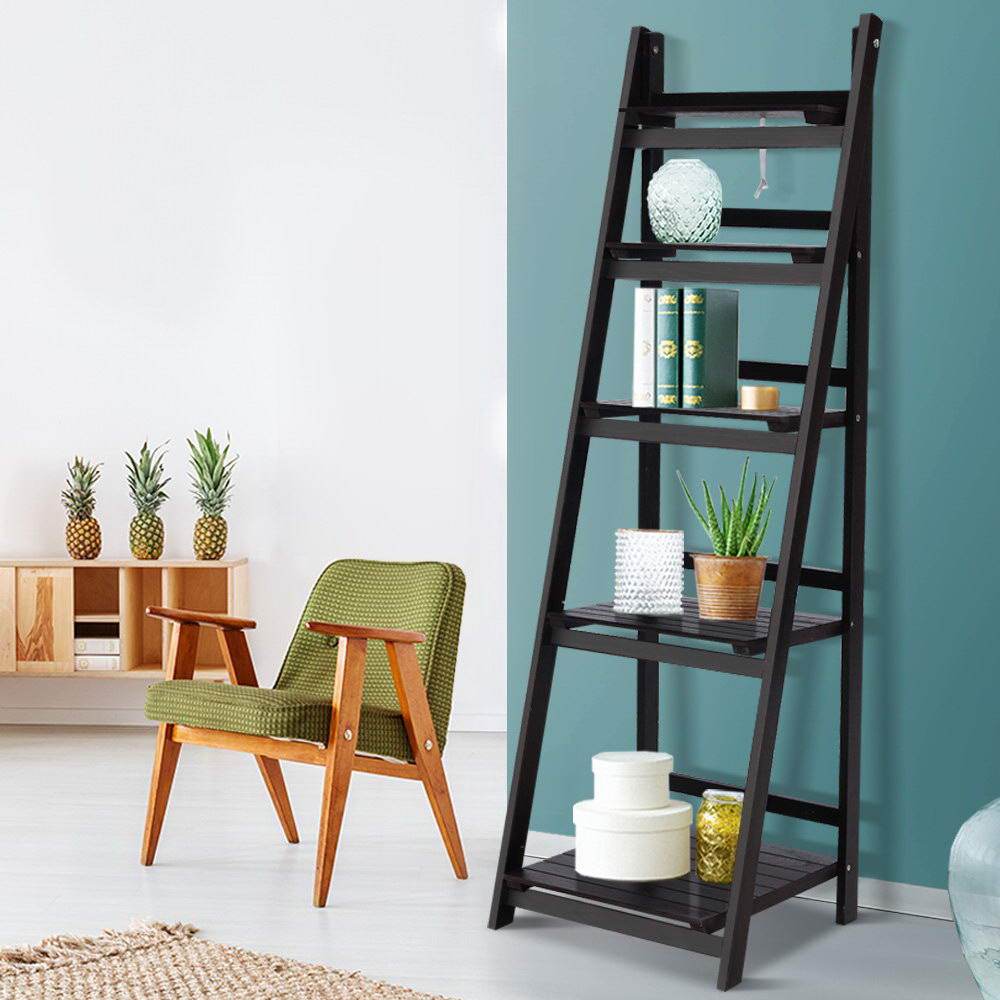 Artiss Display Shelf 5 Tier Wooden Ladder Stand Storage Book Shelves Rack Coffee - Newstart Furniture