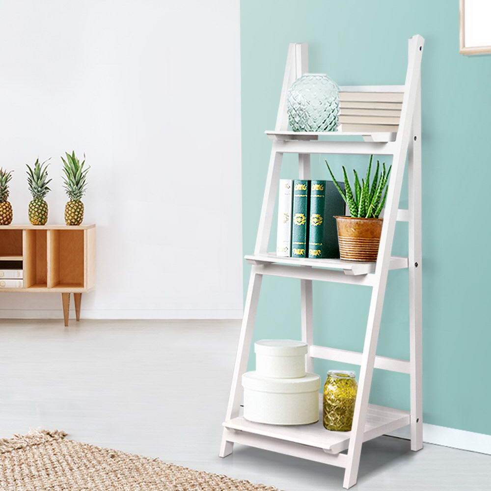 Artiss Display Shelf 3 Tier Wooden Ladder Stand Storage Book Shelves Rack White - Newstart Furniture