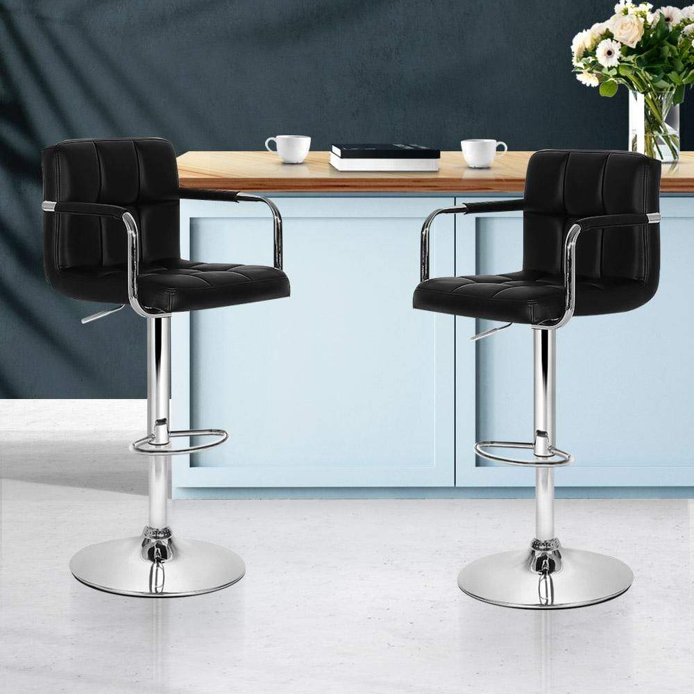 Artiss Set of 2 Bar Stools Gas lift Swivel Armrests - Steel and Black - Newstart Furniture