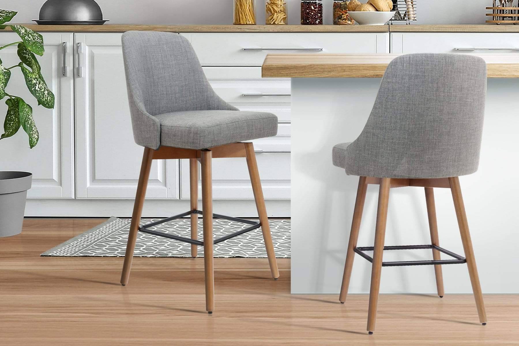 Artiss Set of 2 Wooden Fabric Bar Stools Square Footrest - Light Grey - Newstart Furniture