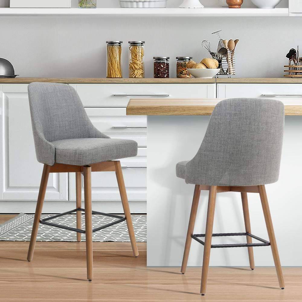 Artiss Set of 2 Wooden Fabric Bar Stools Square Footrest - Light Grey - Newstart Furniture