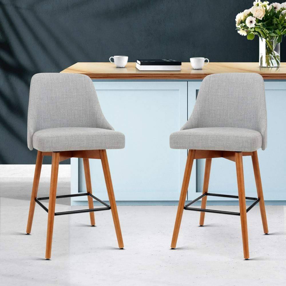 Artiss Set of 2 Wooden Fabric Bar Stools Square Footrest - Light Grey - Newstart Furniture