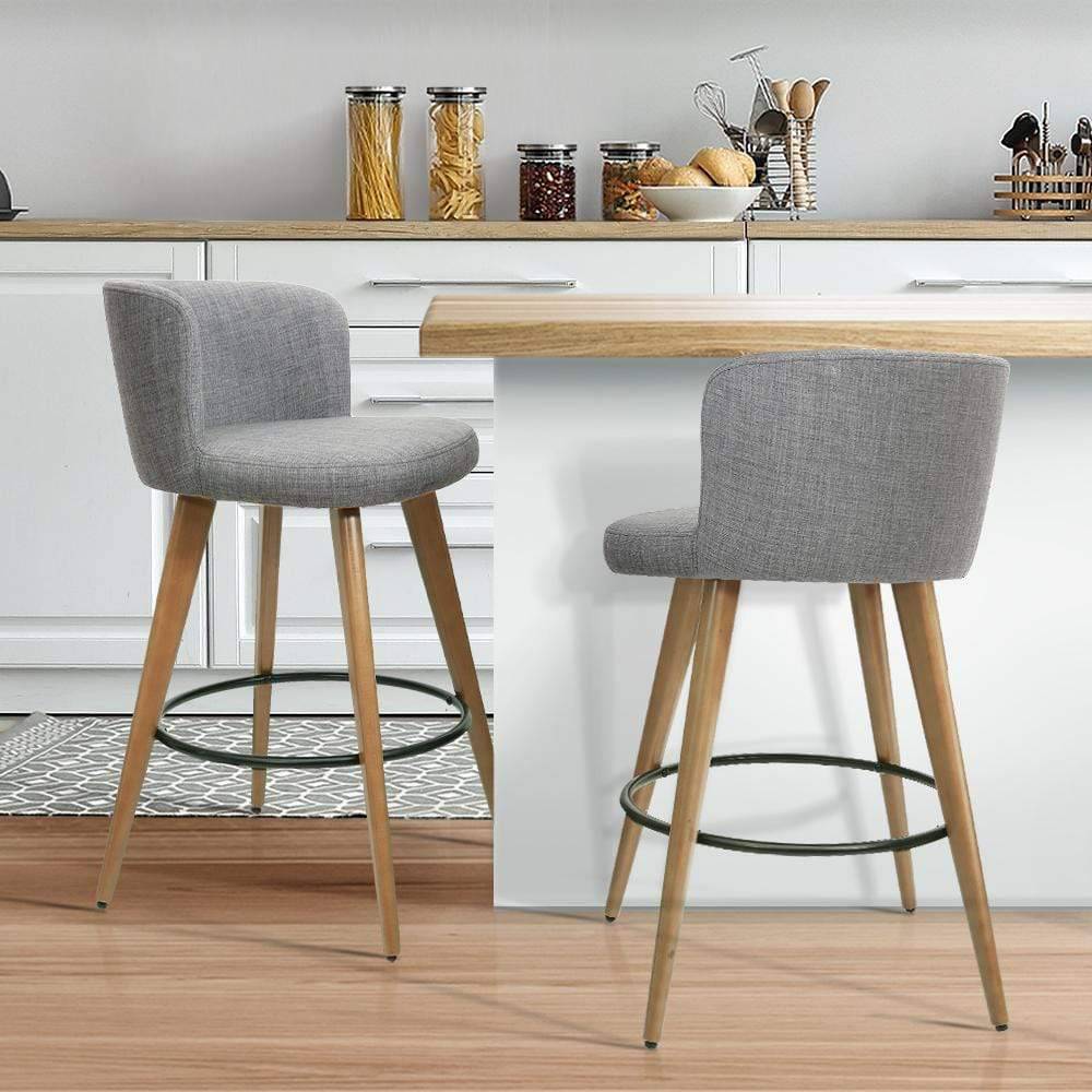 Artiss Set of 2 Wooden Fabric Bar Stools Circular Footrest - Light Grey - Newstart Furniture