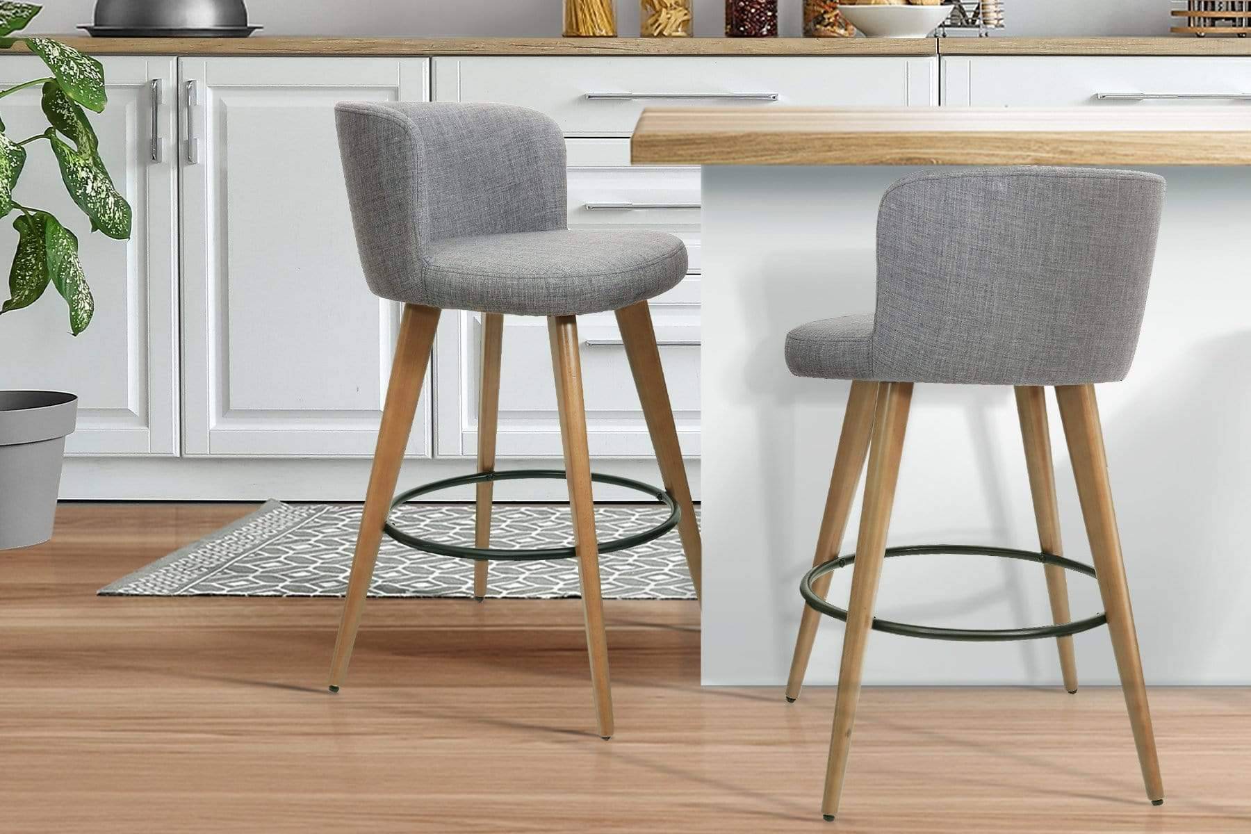 Artiss Set of 2 Wooden Fabric Bar Stools Circular Footrest - Light Grey - Newstart Furniture