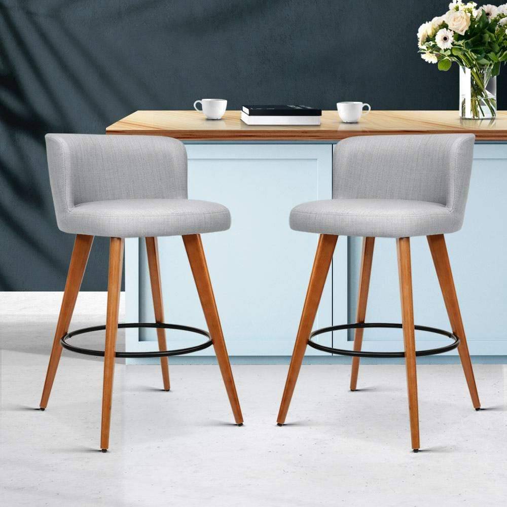 Artiss Set of 2 Wooden Fabric Bar Stools Circular Footrest - Light Grey - Newstart Furniture