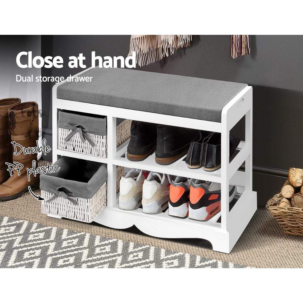 Artiss Shoe Cabinet Bench Rack Wooden Storage Organiser Shelf Stool 2 Drawers - Newstart Furniture