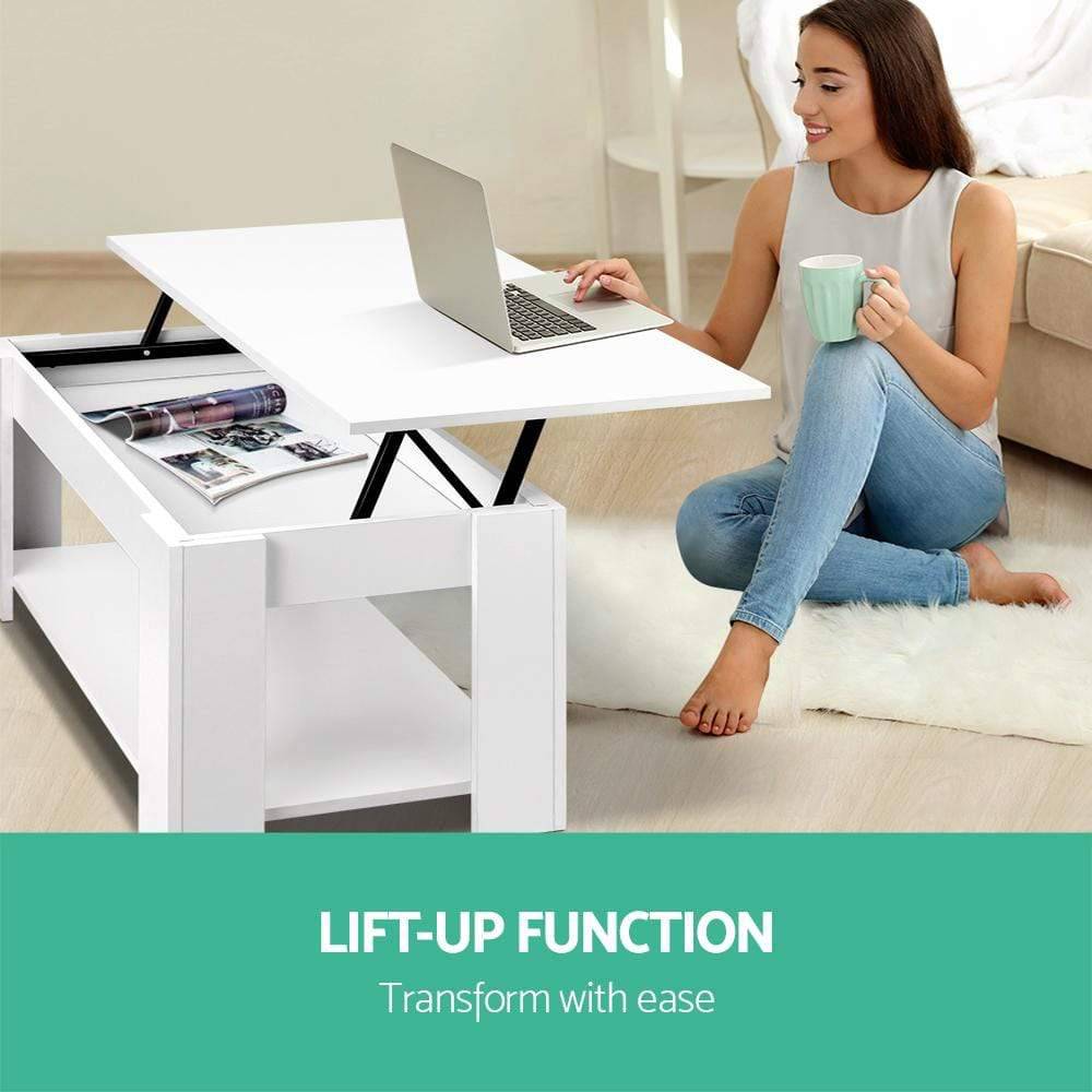 Artiss Lift Up Top Mechanical Coffee Table - White - Newstart Furniture