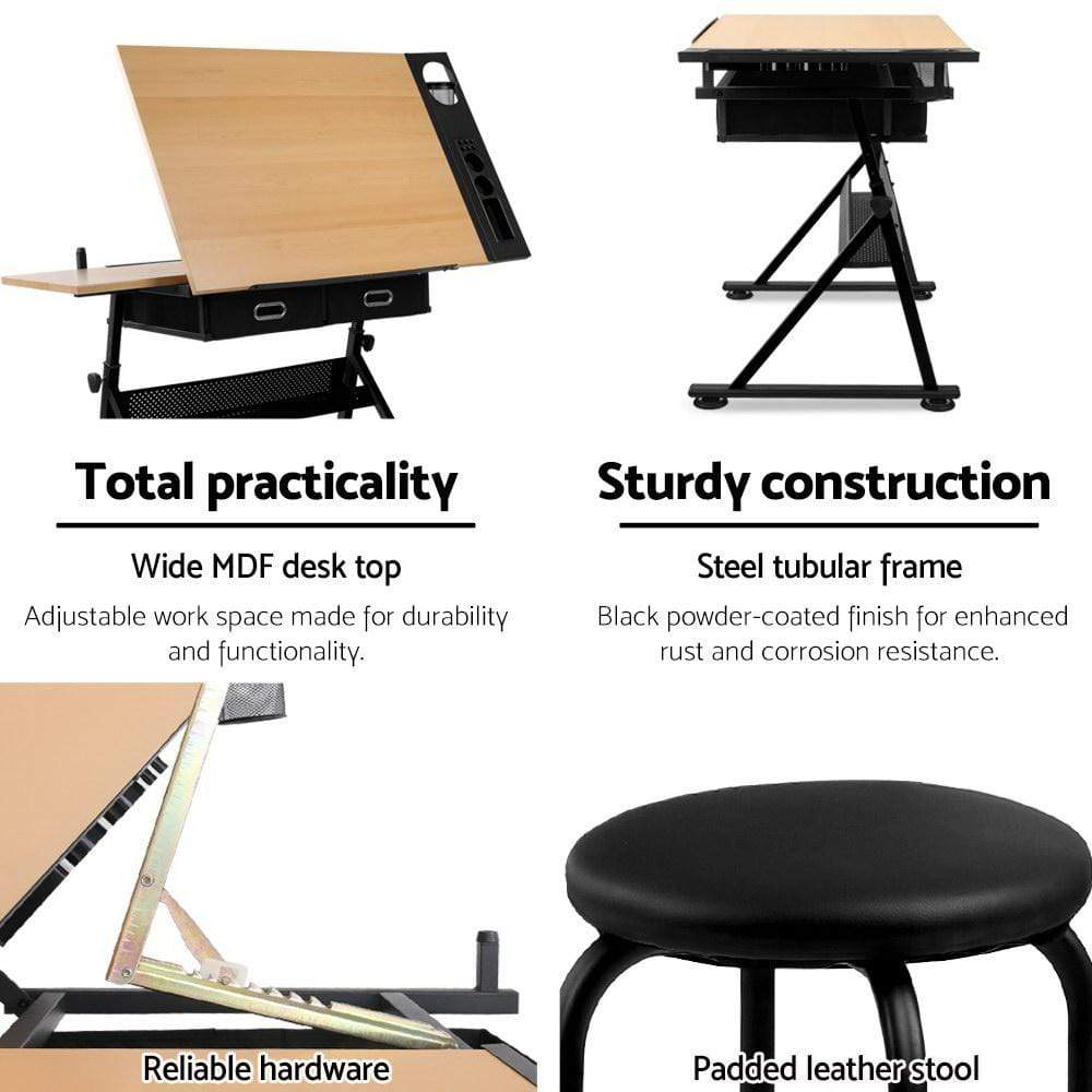 Artiss Tilt Drafting Table Stool Set - Natural & Black - Newstart Furniture