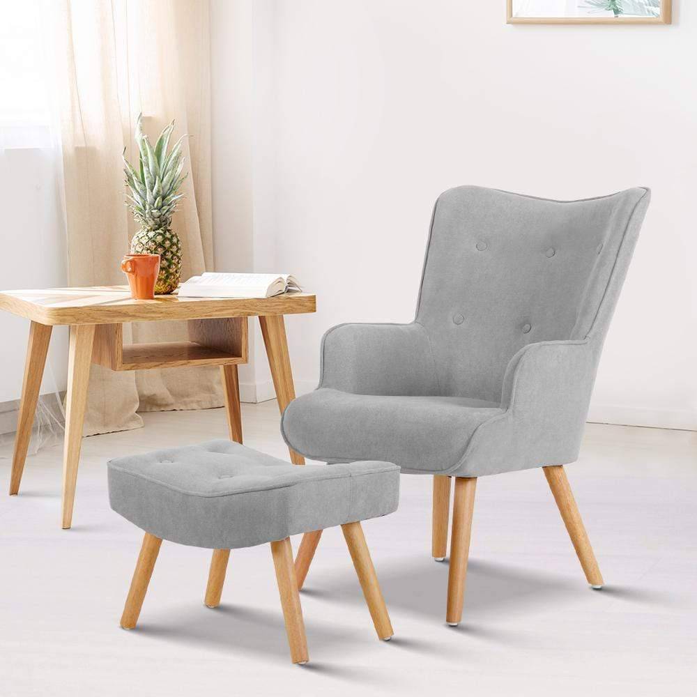 Artiss Armchair and Ottoman - Light Grey - Newstart Furniture