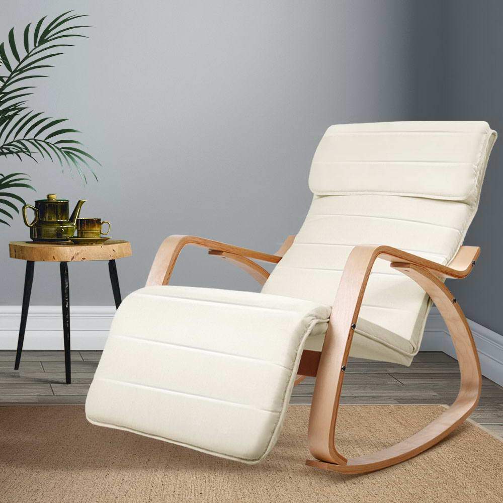 Artiss Fabric Rocking Armchair with Adjustable Footrest - Beige - Newstart Furniture
