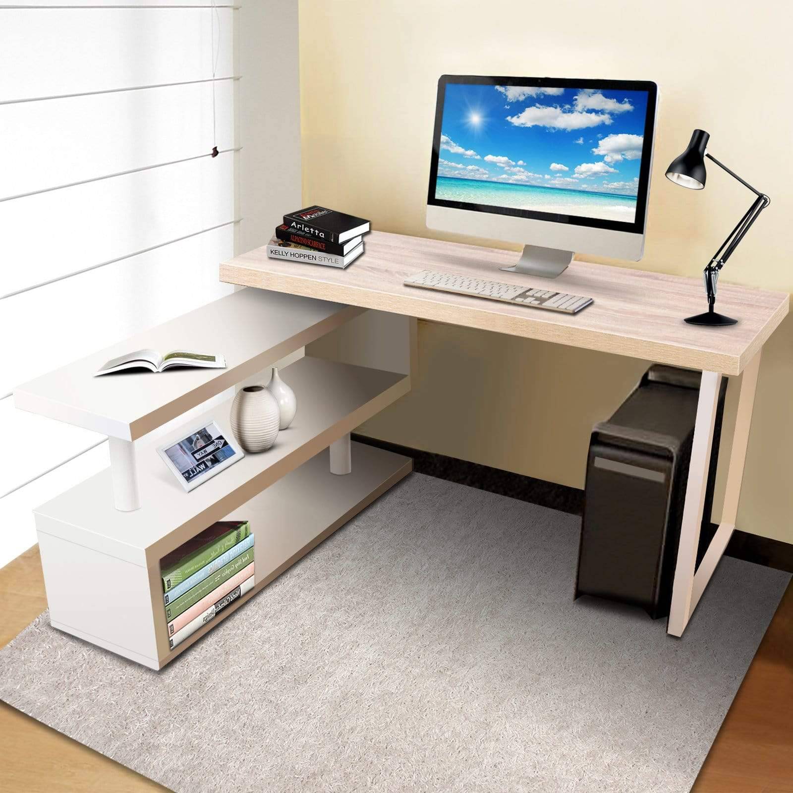 Artiss Rotary Corner Desk with Bookshelf - Brown & White - Newstart Furniture