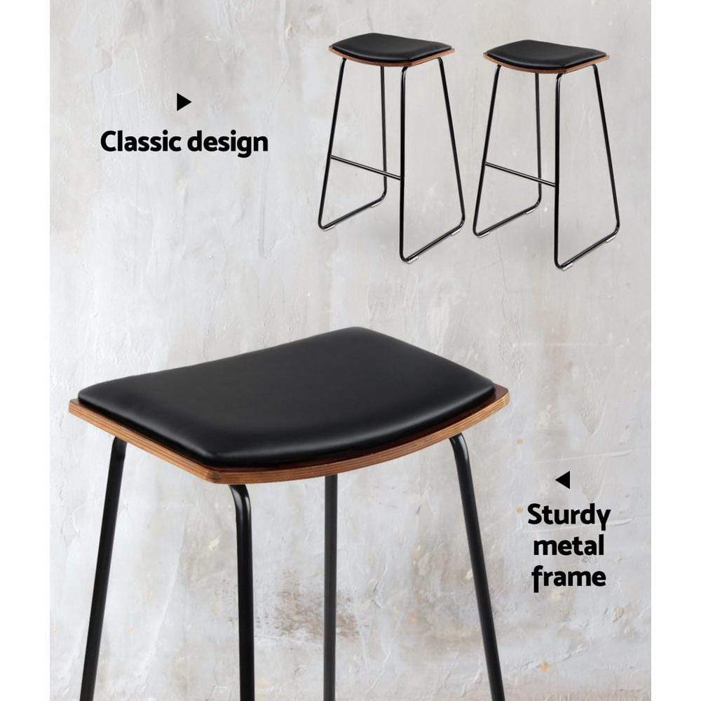 Artiss Set of 2 Backless PU Leather Bar Stools - Black and Wood - Newstart Furniture