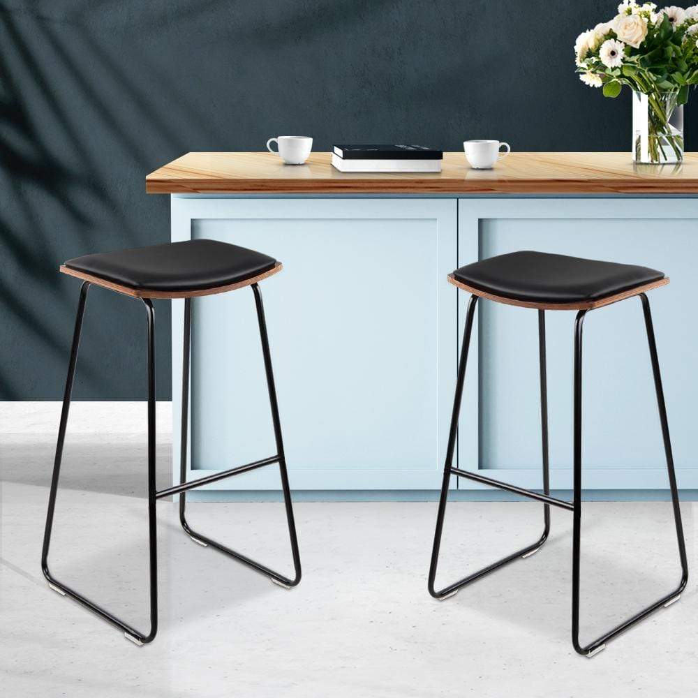 Artiss Set of 2 Backless PU Leather Bar Stools - Black and Wood - Newstart Furniture