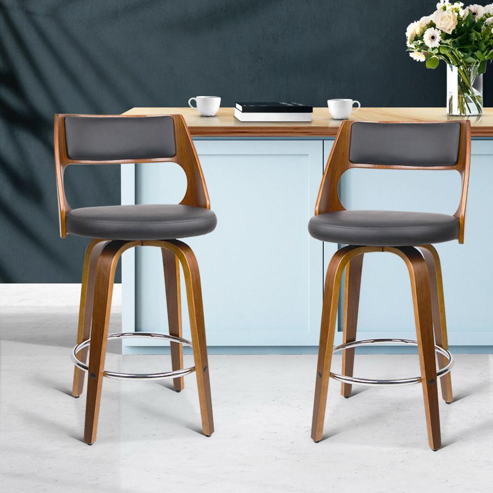 Artiss Set of 2 Wooden Bar Stools PU Leather - Black and Wood - Newstart Furniture