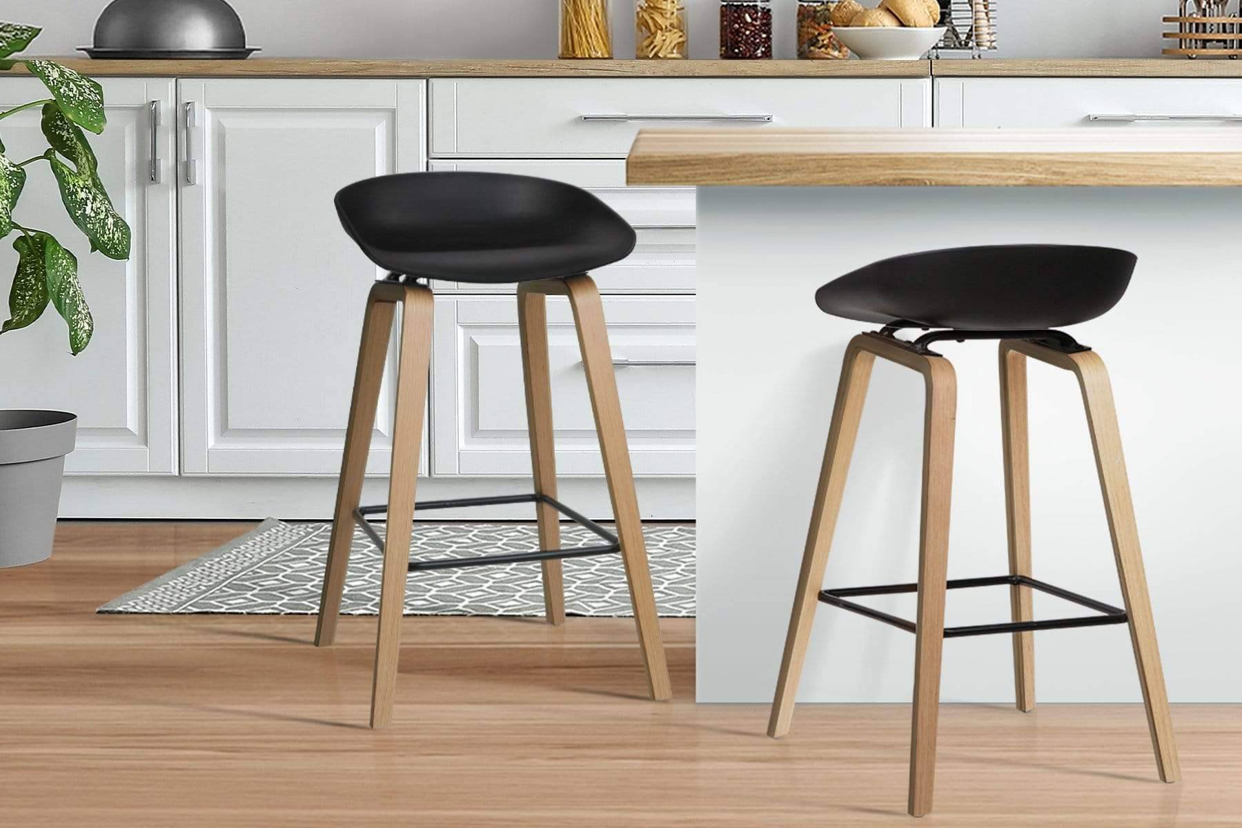 Artiss Set of 2 Wooden Square Footrest Bar Stools - Black - Newstart Furniture