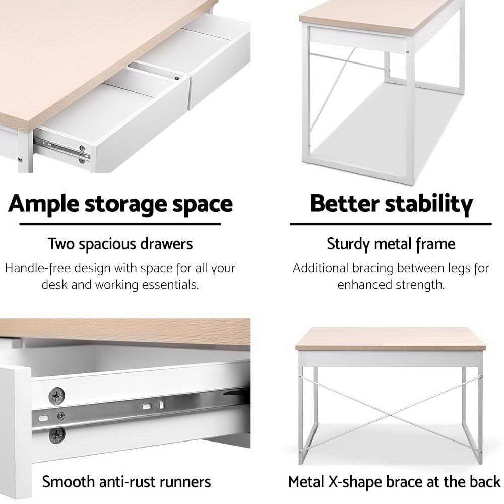 Artiss Metal Desk with Drawer - White with Wooden Top - Newstart Furniture