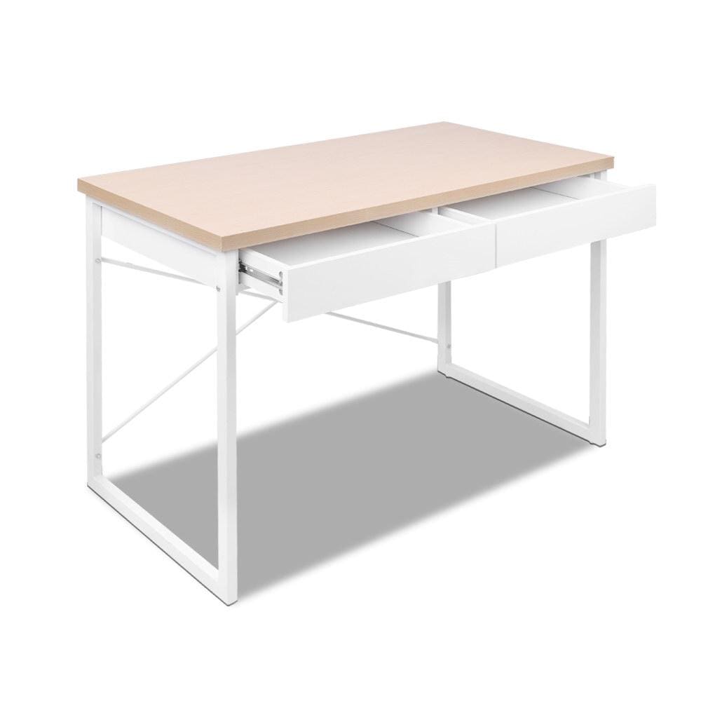 Artiss Metal Desk with Drawer - White with Wooden Top - Newstart Furniture