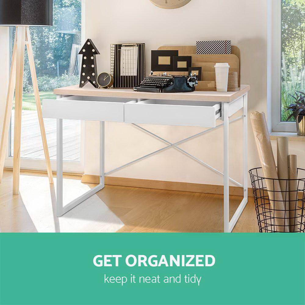 Artiss Metal Desk with Drawer - White with Wooden Top - Newstart Furniture