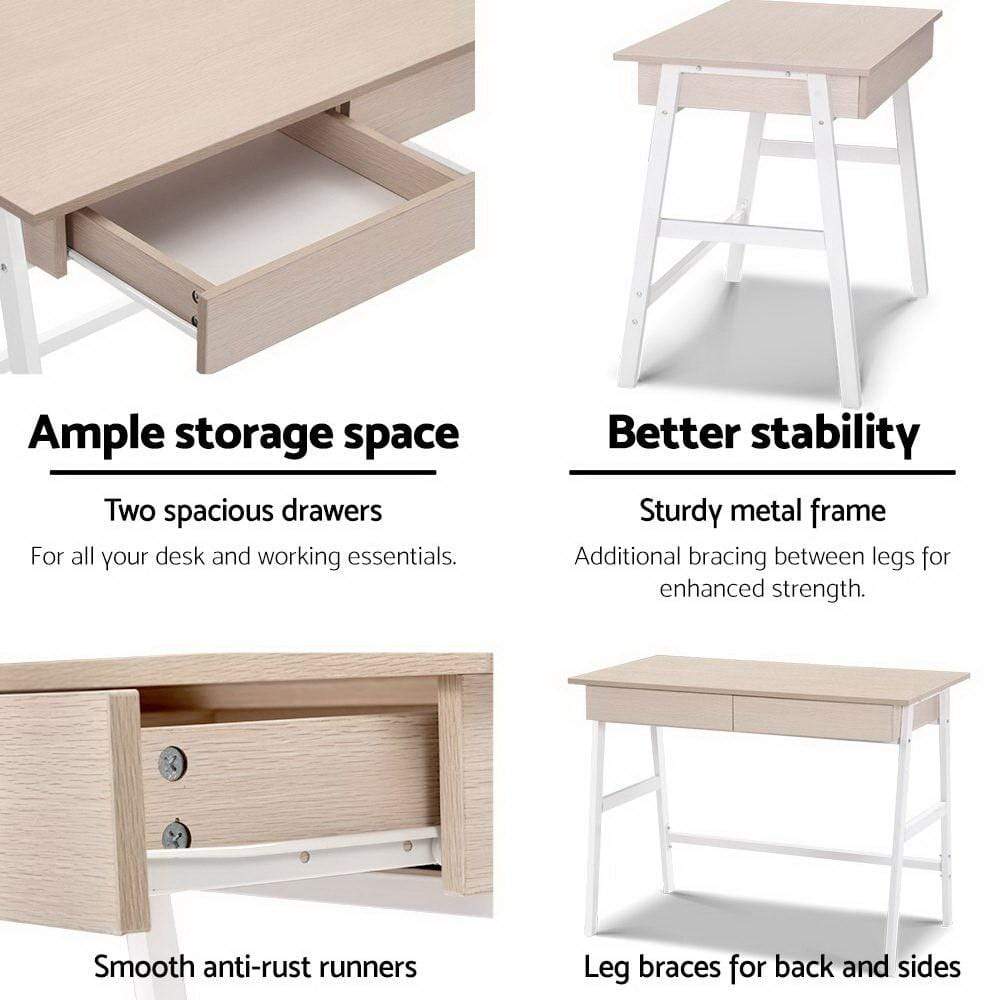 Artiss Metal Desk with Drawer - White with Oak Top - Newstart Furniture