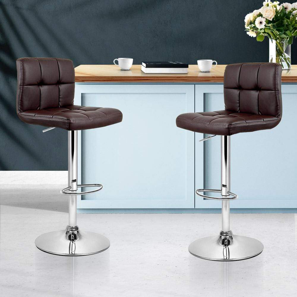 Artiss Set of 2 Gas Lift Bar Stools PU Leather - Chocolate Brown - Newstart Furniture