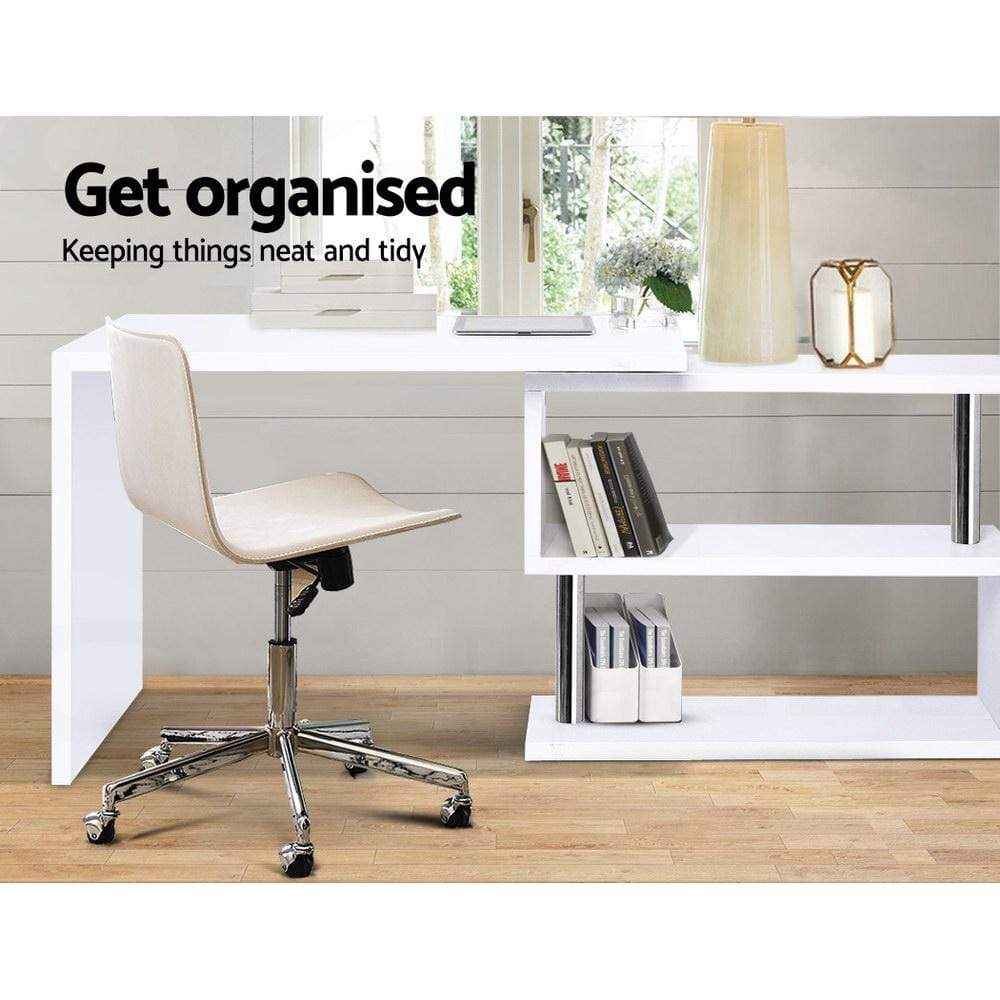 Artiss Rotary Corner Desk with Bookshelf - White - Newstart Furniture
