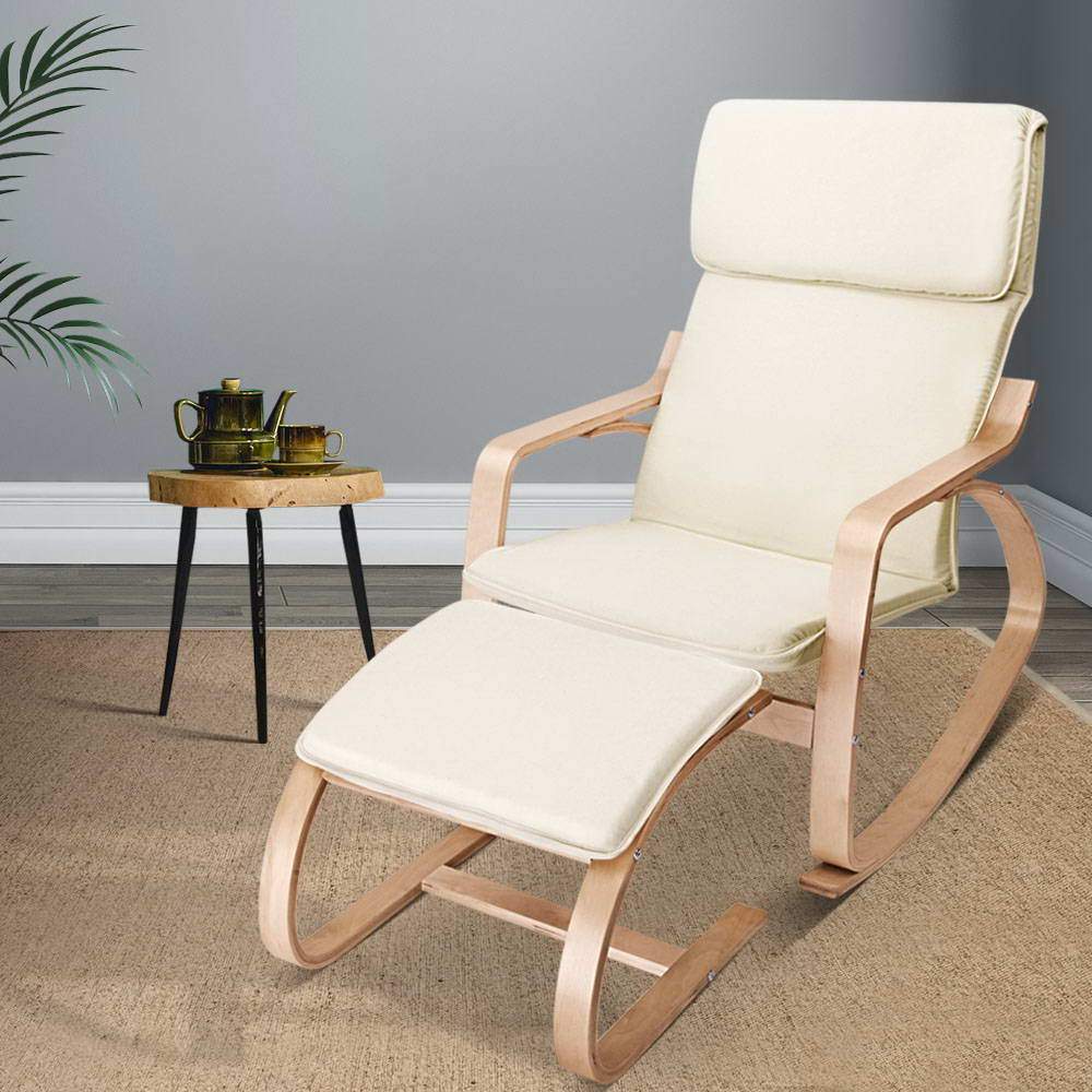 Artiss Wooden Armchair with Foot Stool - Beige - Newstart Furniture