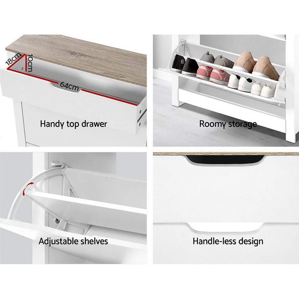 Artiss Shoe Cabinet Rack Storage Organiser Cupboard Shelf Drawer 16 Pairs White - Newstart Furniture