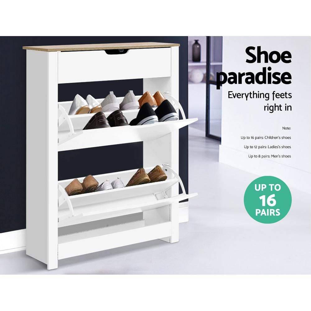 Artiss Shoe Cabinet Rack Storage Organiser Cupboard Shelf Drawer 16 Pairs White - Newstart Furniture