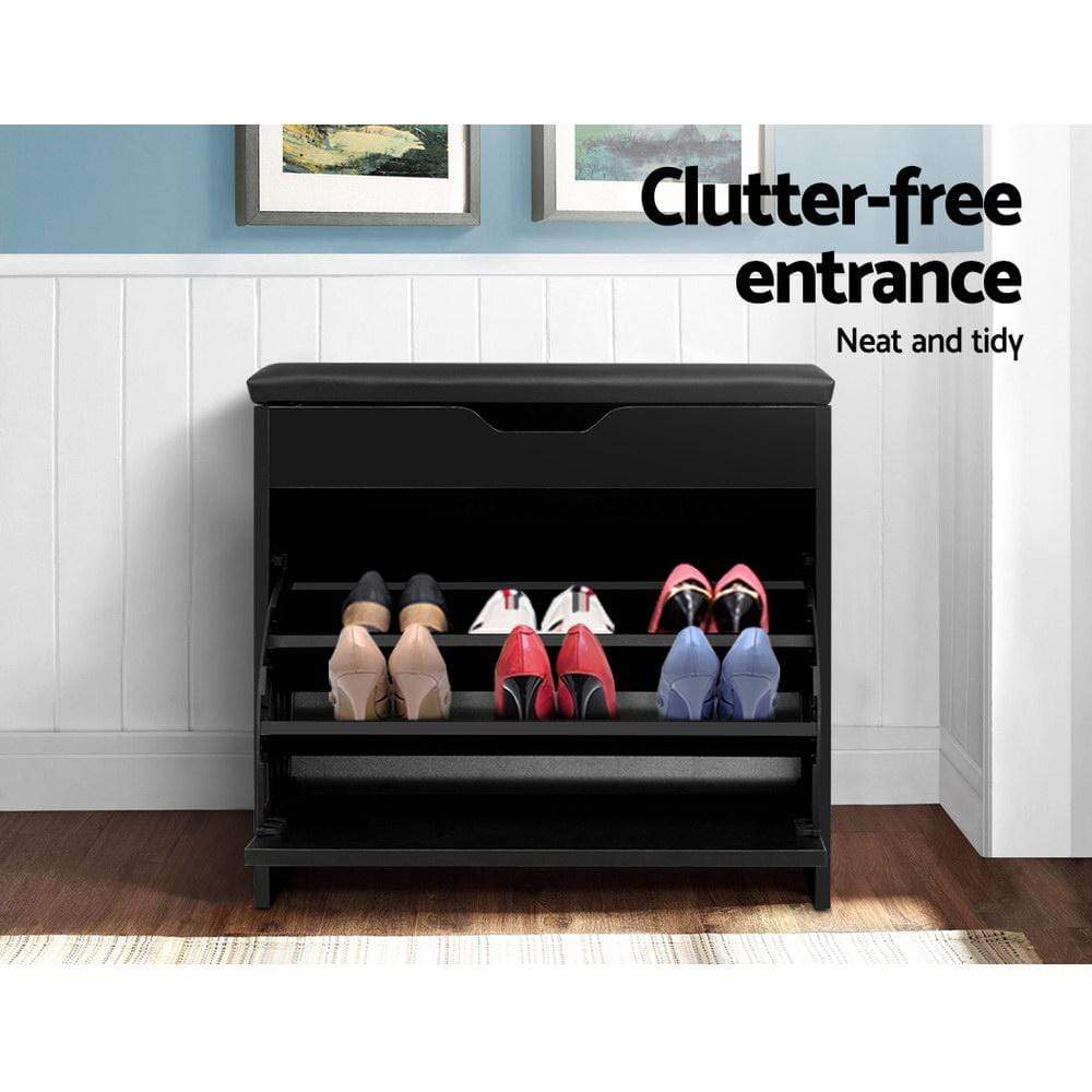 Artiss 3 Tier Shoe Cabinet Storage Stool Black - Newstart Furniture