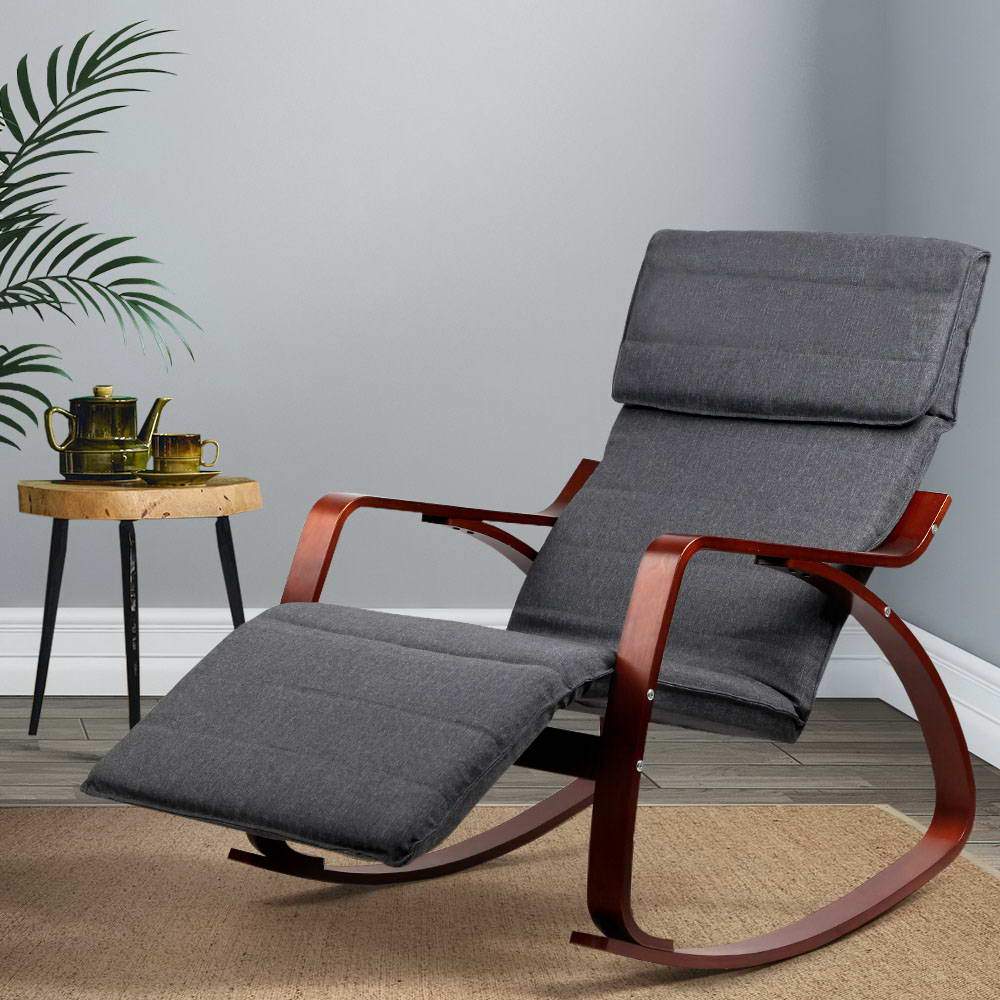 Artiss Fabric Rocking Armchair with Adjustable Footrest - Charcoal - Newstart Furniture