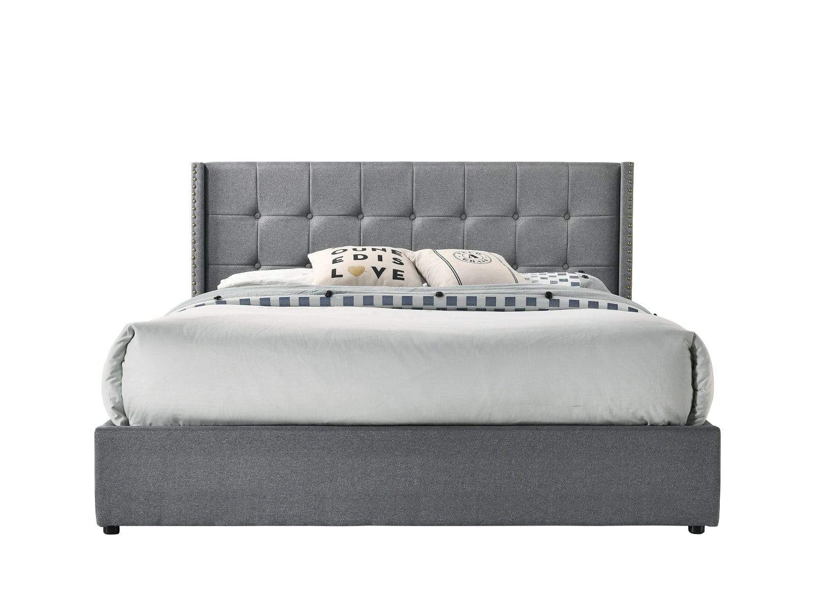 Queen Sized Winged Fabric Bed Frame with Gas Lift Storage in Light Grey - Newstart Furniture