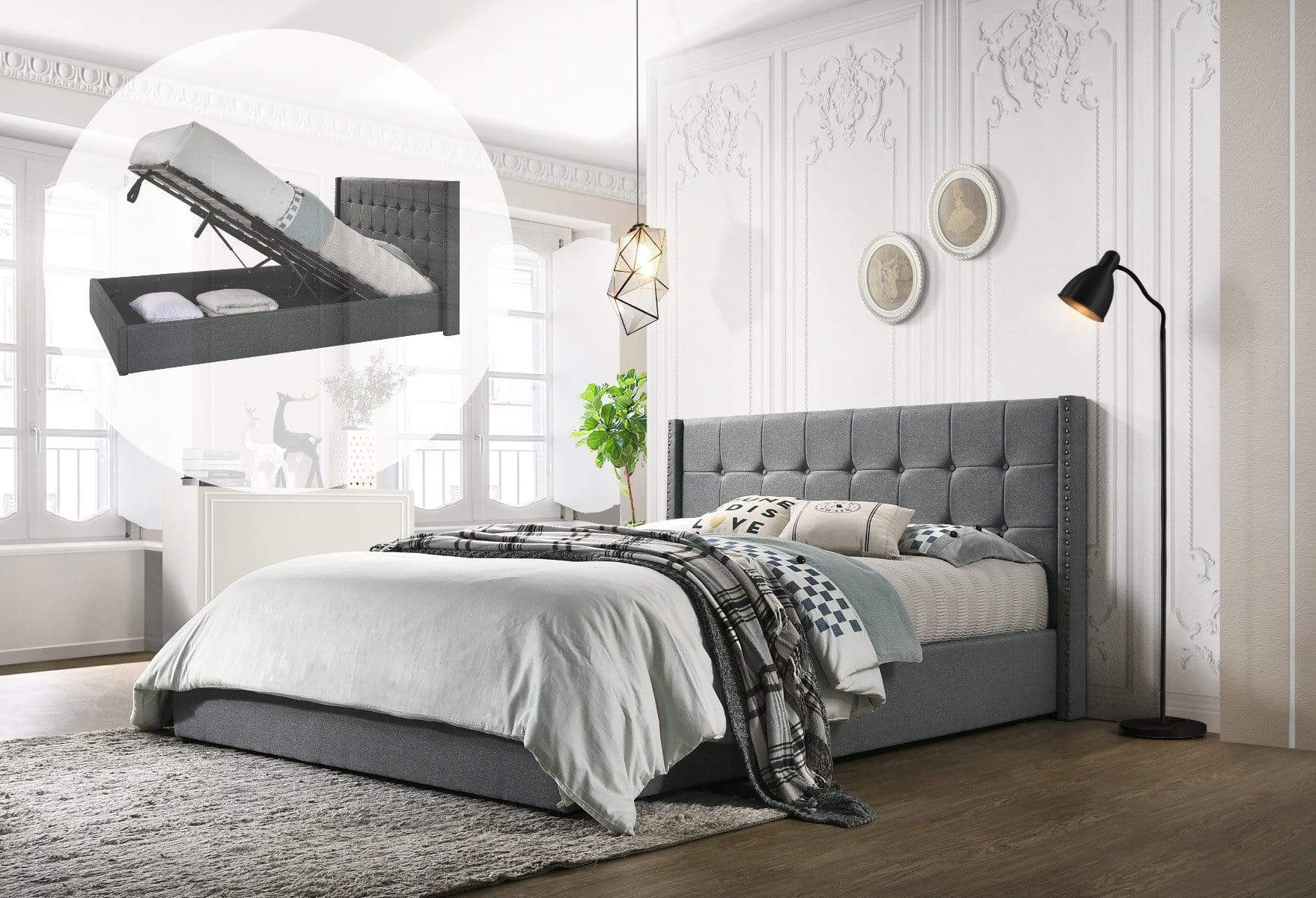 King Sized Winged Fabric Bed Frame with Gas Lift Storage in Light Grey - Newstart Furniture