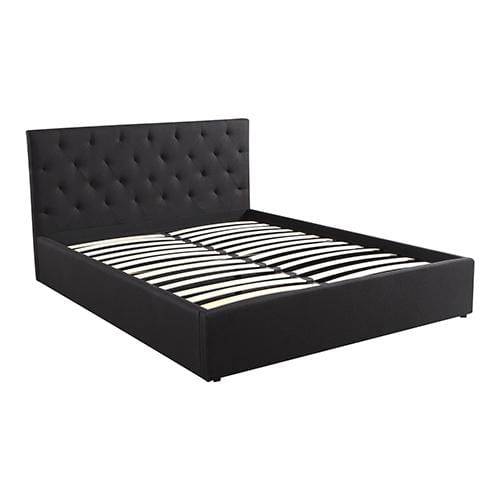 Gas Lift Queen Size Storage Bed Frame Upholstery Fabric in Black Colour with Tufted Headboard - Newstart Furniture