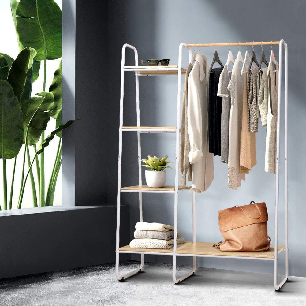 Closet Storage Rack Clothes Hanger Shelf Garment Rail Stand Wardrobe Organiser White - Newstart Furniture