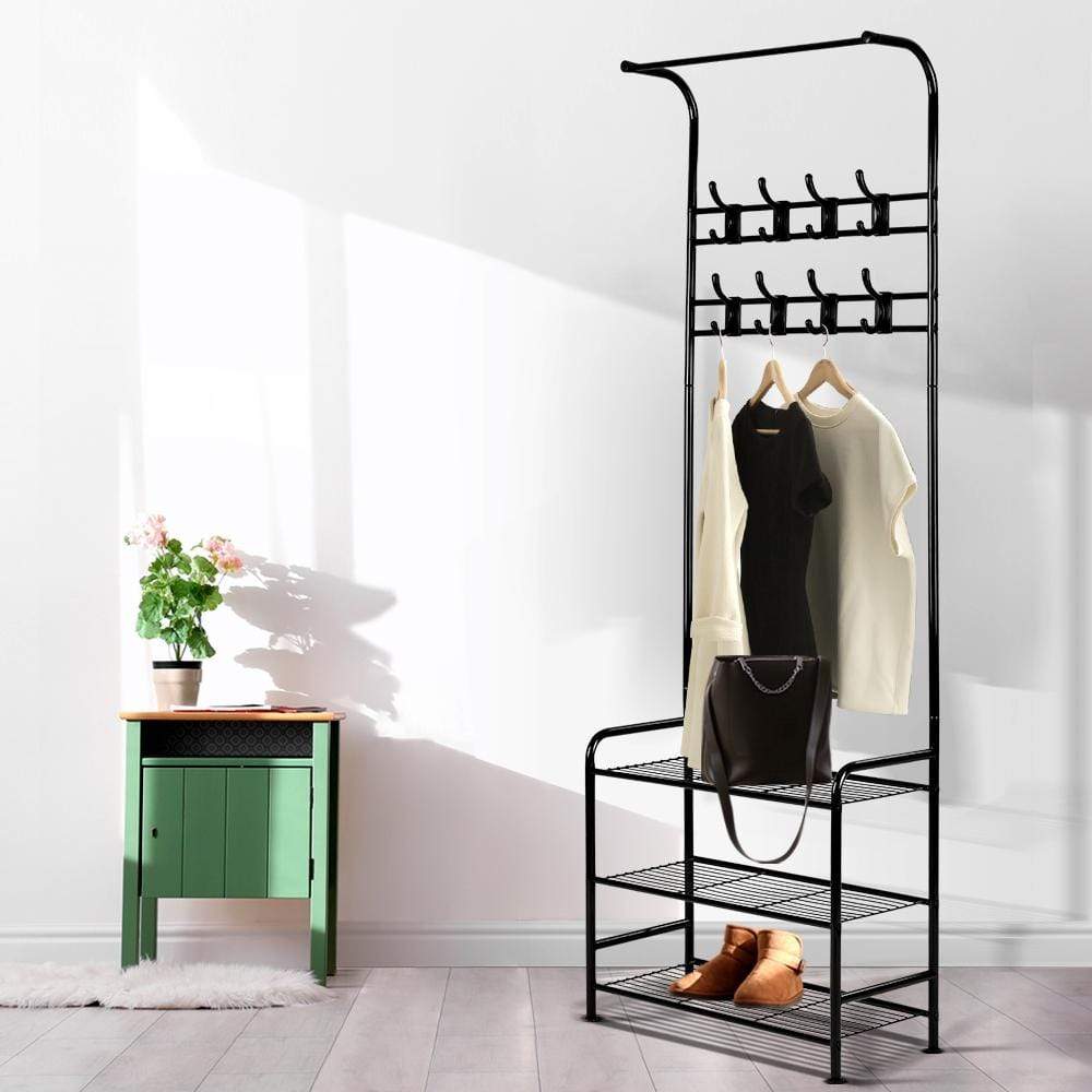 Artiss Clothes Rack Coat Stand Garment Portable Hanger Airer Organiser Shoe Storage Metal Black - Newstart Furniture