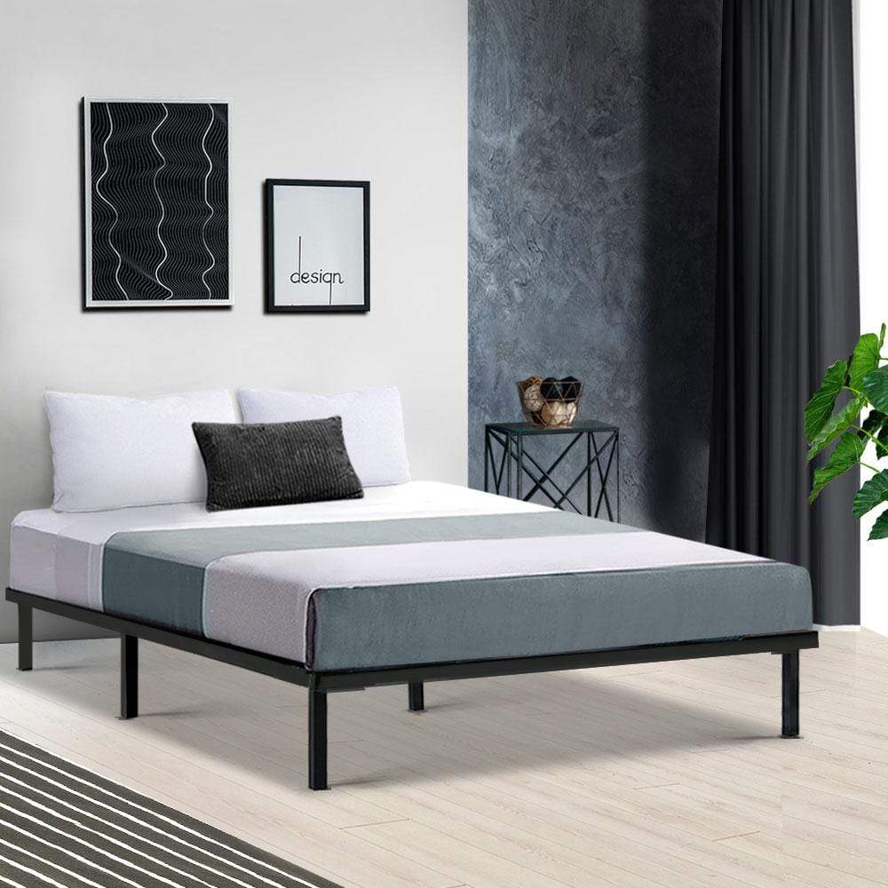 Metal Bed Frame Double Size Mattress Base Platform Foundation Wooden Black TED - Newstart Furniture