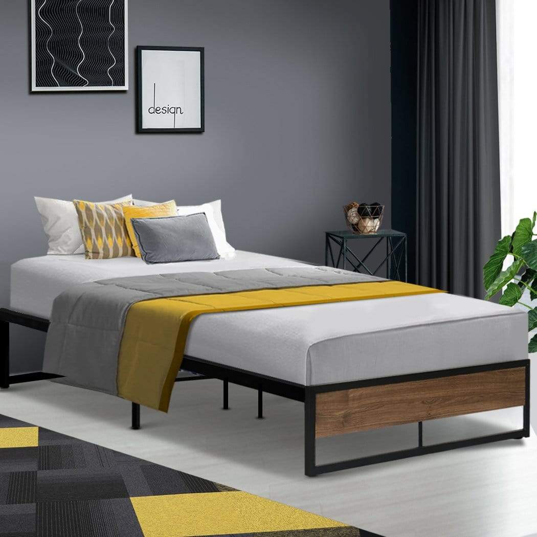 Artiss Metal Bed Frame King Single Size Mattress Base Platform Wooden Black OSLO - Newstart Furniture