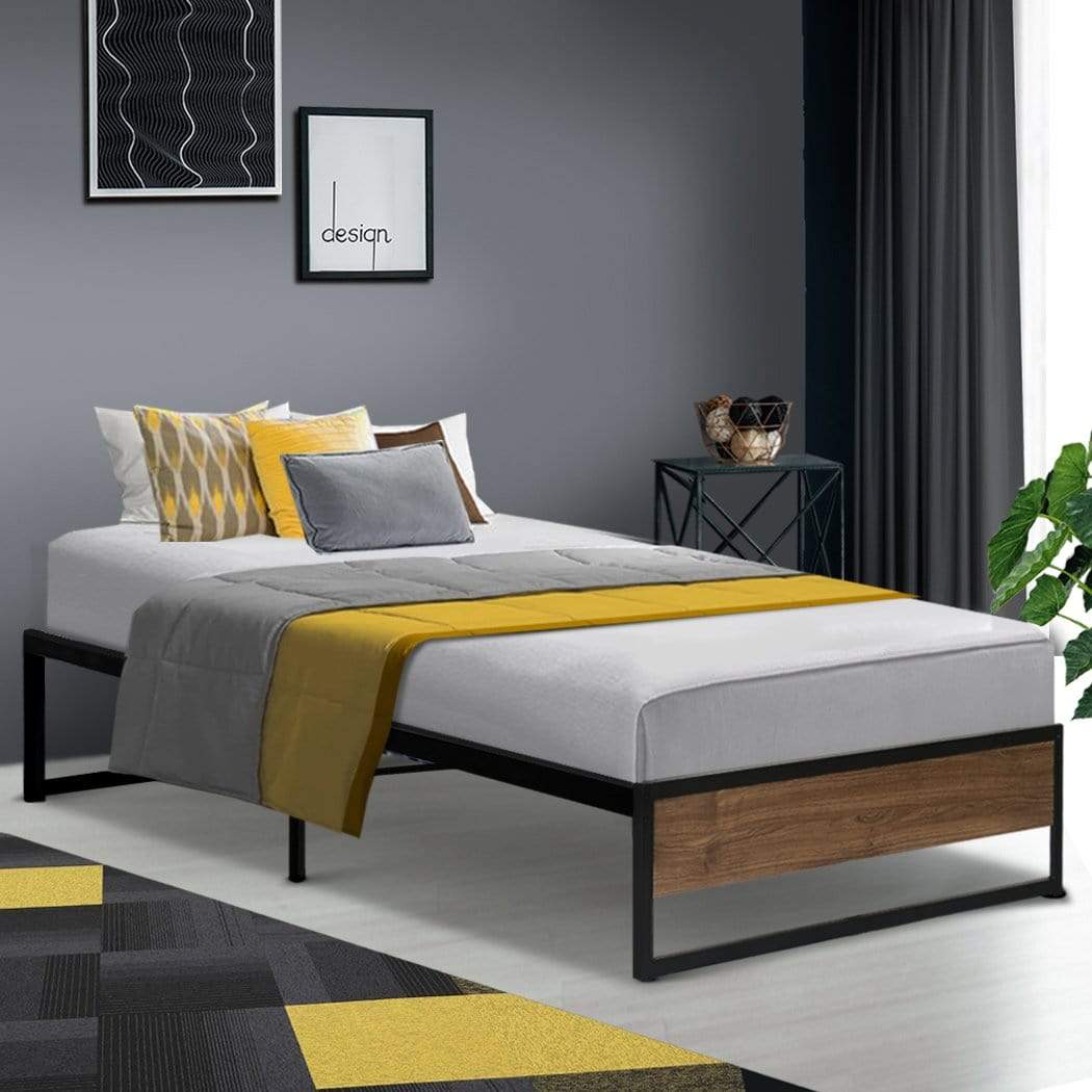 Artiss Metal Bed Frame Single Size Mattress Base Platform Wooden Black OSLO - Newstart Furniture