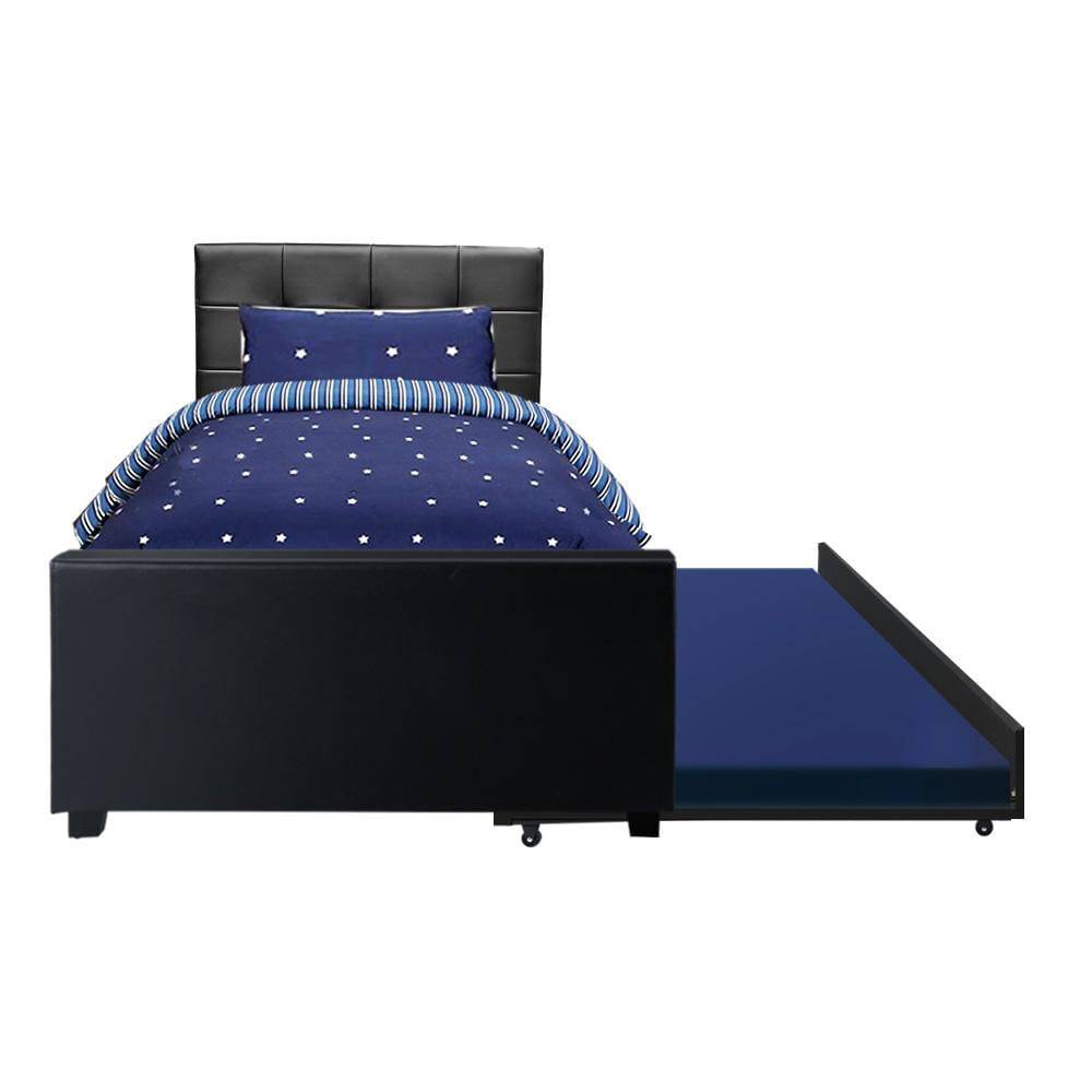 Artiss Trundle Bed Frame King Single Size Black Leather - Newstart Furniture