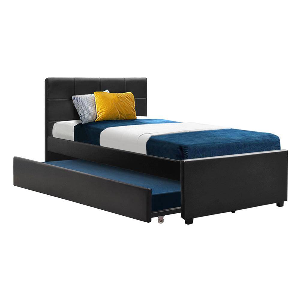 Artiss Trundle Bed Frame King Single Size Black Leather - Newstart Furniture