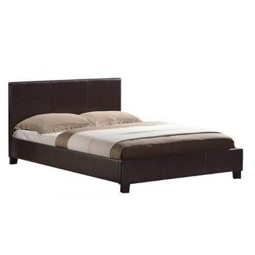 Double Size Leatheratte Bed Frame in Brown Colour with Metal Joint Slat Base - Newstart Furniture