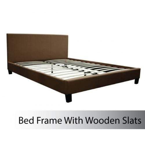Double Size Leatheratte Bed Frame in Brown Colour with Metal Joint Slat Base - Newstart Furniture