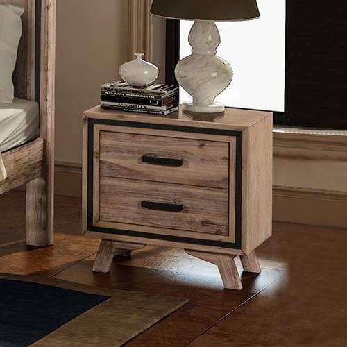 Bedside Table 2 drawer Night Stand with Solid Acacia Storage in Sliver Brush Colour - Newstart Furniture
