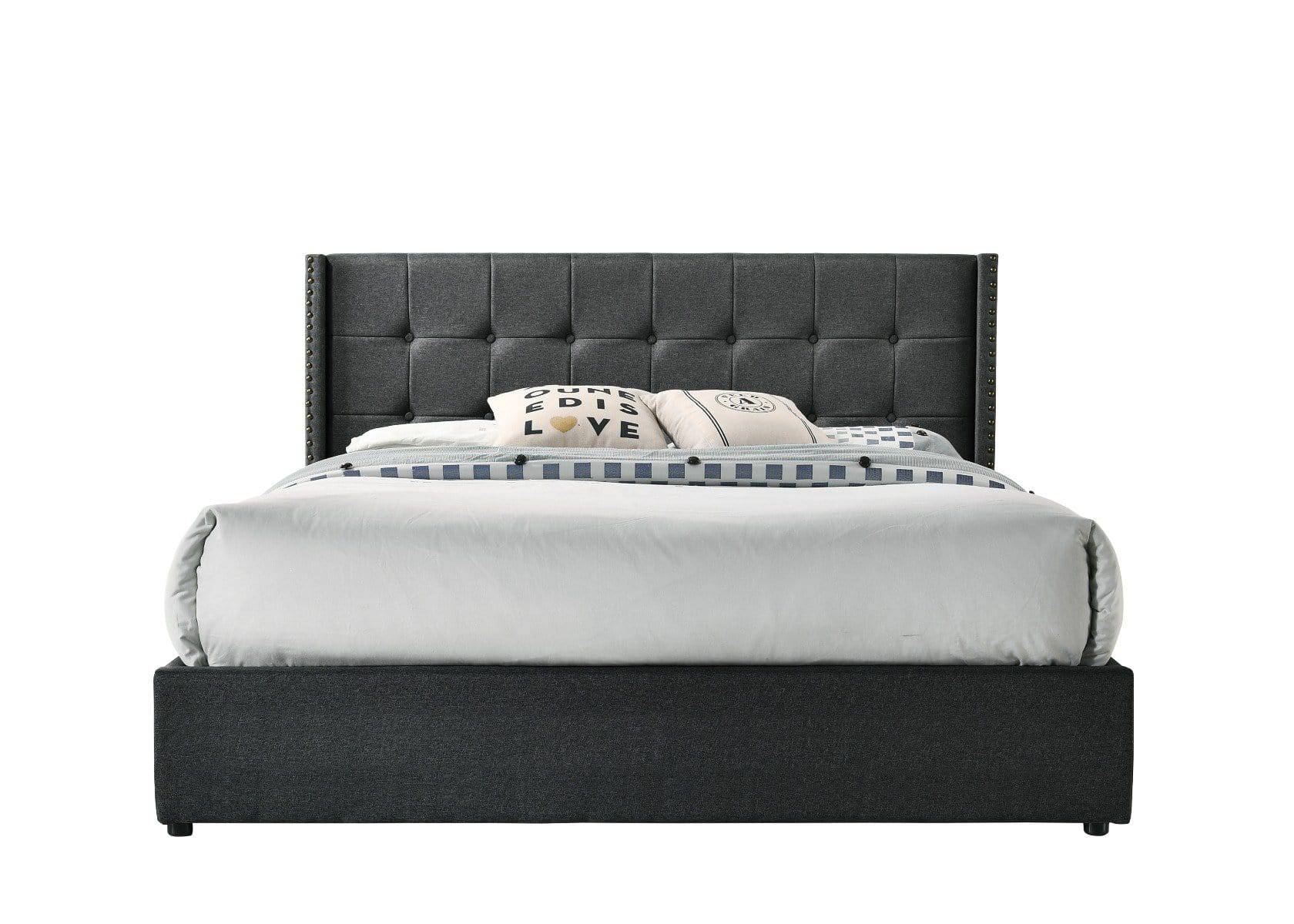 Queen Sized Winged Fabric Bed Frame with Gas Lift Storage in Charcoal - Newstart Furniture