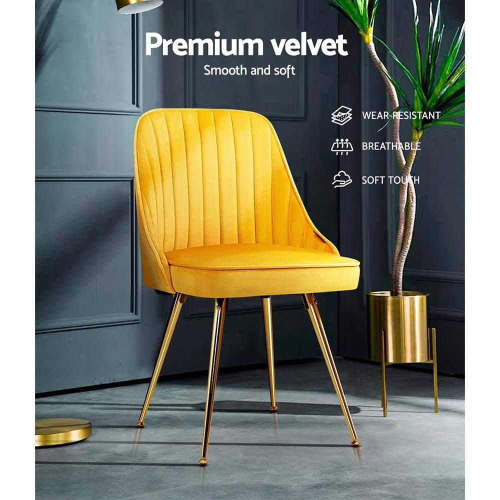 Artiss Set of 2 Dining Chairs Retro Chair Cafe Kitchen Modern Metal Legs Velvet Yellow - Newstart Furniture