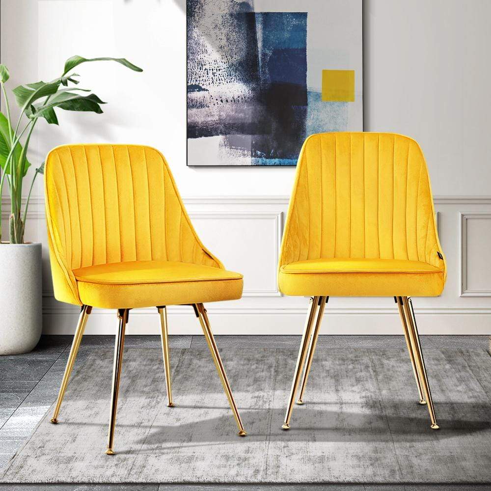 Artiss Set of 2 Dining Chairs Retro Chair Cafe Kitchen Modern Metal Legs Velvet Yellow - Newstart Furniture