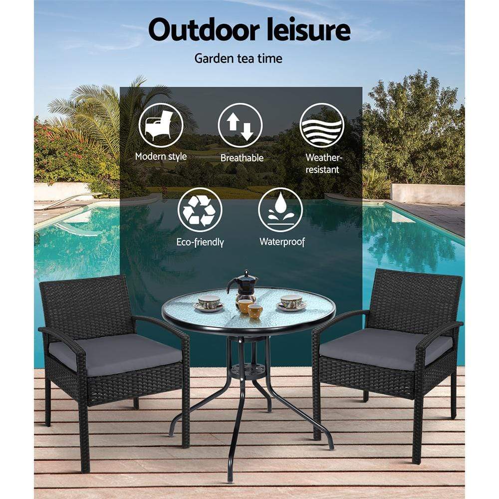 Gardeon Outdoor Furniture Dining Chairs Wicker Garden Patio Cushion Black 3PCS Sofa Set Tea Coffee Cafe Bar Set - Newstart Furniture